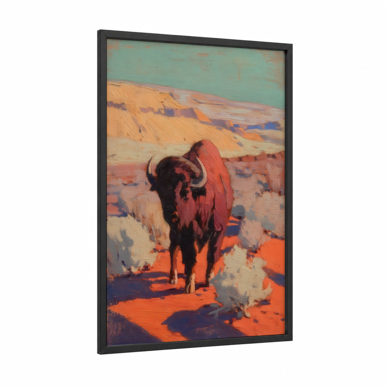 Desert Bison framed art print — black wood frame — gold and turquoise palette