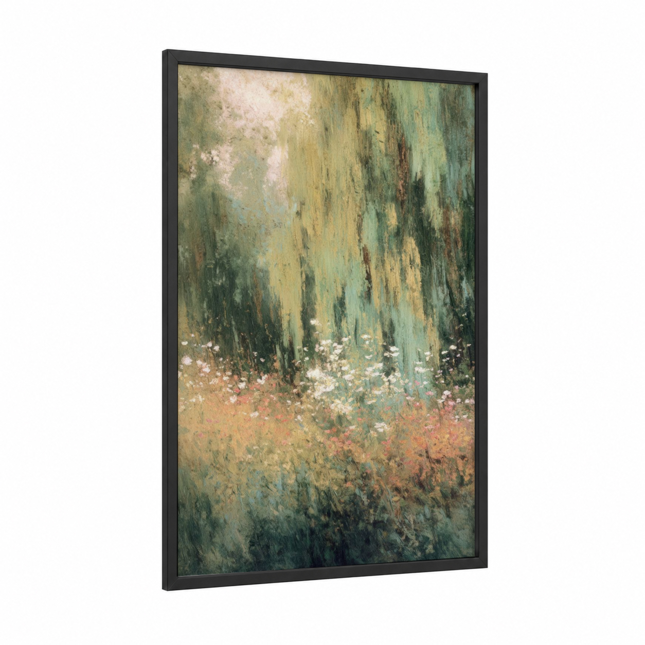 Ethereal Willow framed willow forest print — black wood frame — light green and cream palette