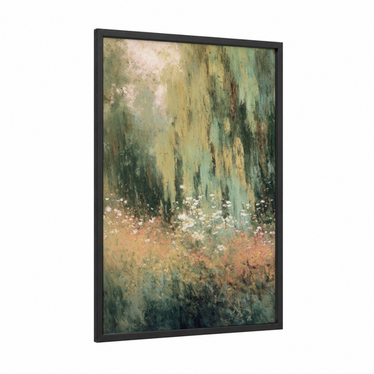 Ethereal Willow framed willow forest print — black wood frame — light green and cream palette