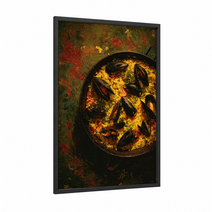 Paella Seafood Pan framed art print — black wood frame — gold and dark green palette