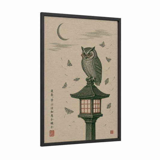 Japanese Owl and Lantern Wall Art framed art print — black wood frame — beige and true green palette
