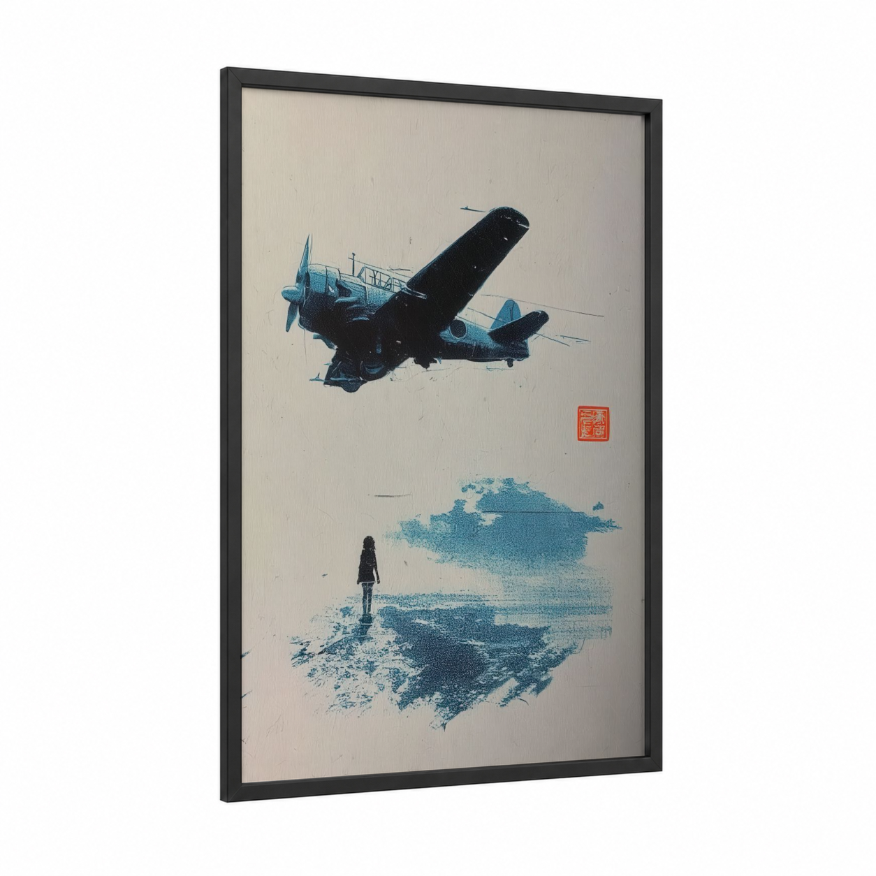 Vintage Airplane Watcher framed art print — black wood frame — blue and black and white palette