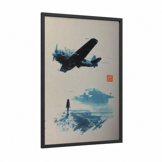 Vintage Airplane Watcher framed art print — black wood frame — blue and black and white palette