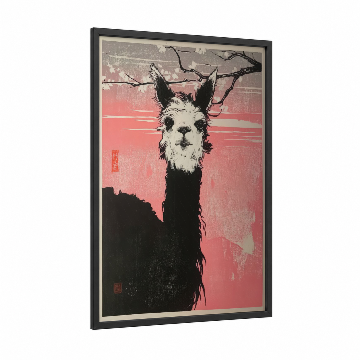 Sunset Alpaca framed art print — black wood frame — salmon pink and black palette
