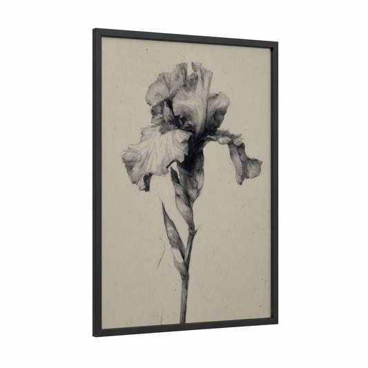 Elegant Iris Study framed art print — black wood frame — black and white palette