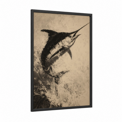 Leaping Marlin framed art print — black wood frame — black and white and cream palette
