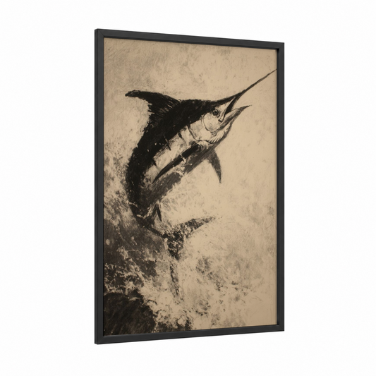 Leaping Marlin framed art print — black wood frame — black and white and cream palette