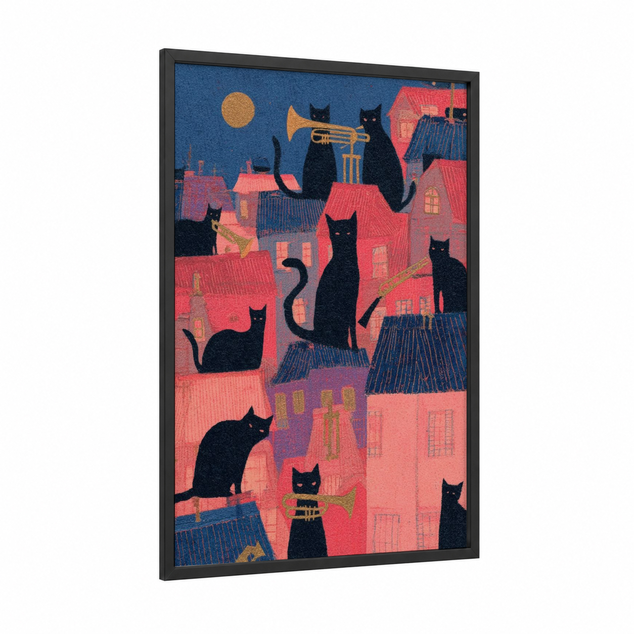 Jazz Cats Night framed art print — black wood frame — rose gold and blue palette