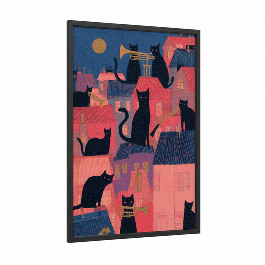 Jazz Cats Night framed art print — black wood frame — rose gold and blue palette