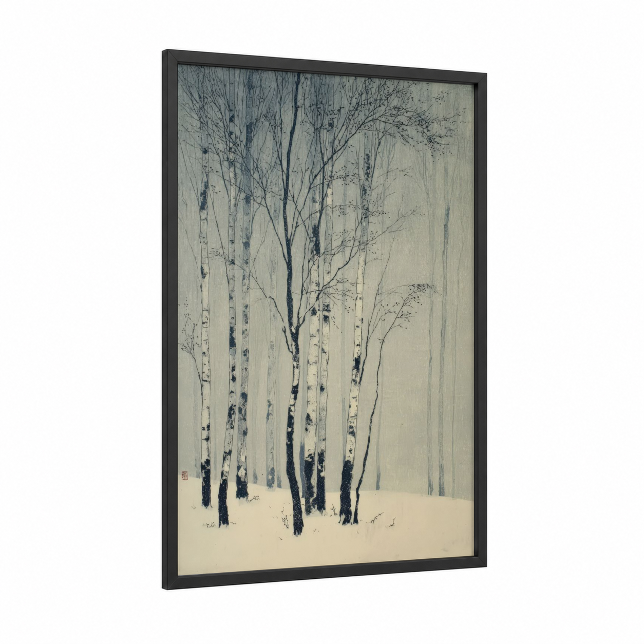 Snowy Birch Forest framed forest trees print — black wood frame — gray and black and white palette
