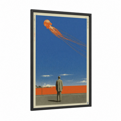 Jellyfish Ascension framed japanese y2k print — black wood frame — blue and orange palette