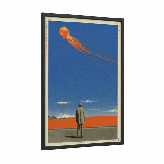 Jellyfish Ascension framed japanese y2k print — black wood frame — blue and orange palette