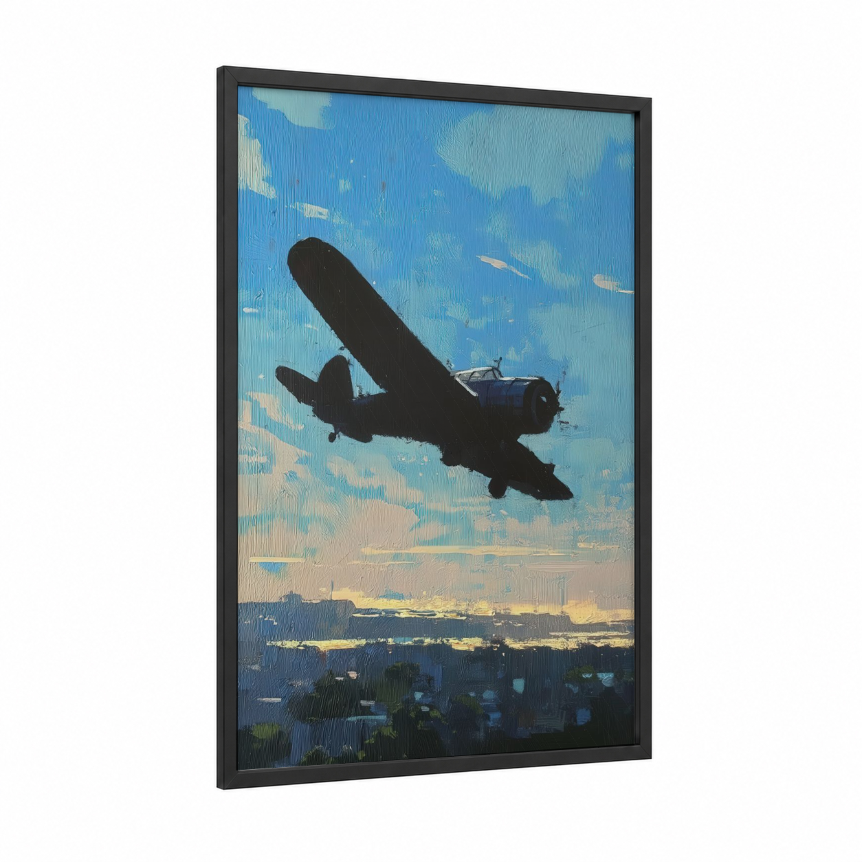 Vintage Airplane Silhouette framed art print — black wood frame — blue and gold palette