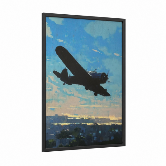 Vintage Airplane Silhouette framed art print — black wood frame — blue and gold palette