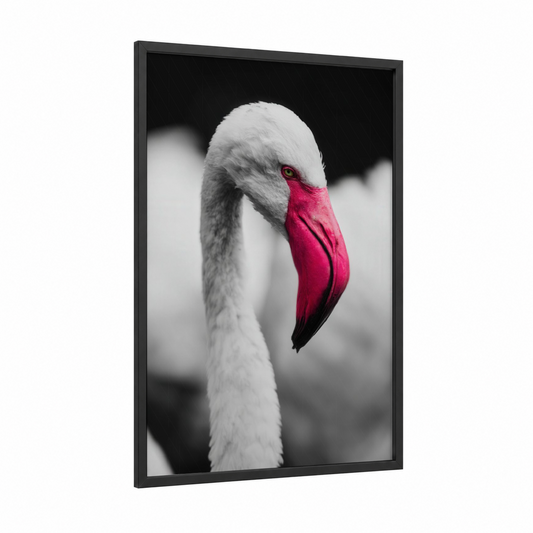 Pink Flamingo Portrait framed art print — black wood frame — black and white and magenta palette