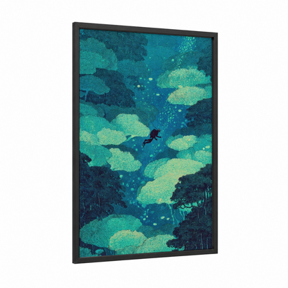 Coral Reef Diving framed art print — black wood frame — teal and turquoise palette