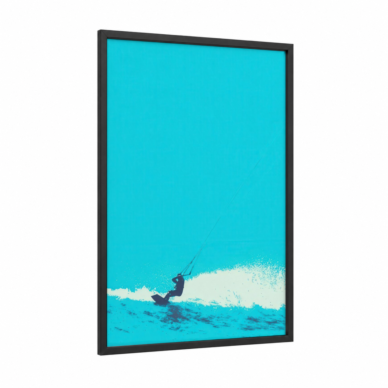 Turquoise Wave Rider framed kite surfing print — black wood frame — turquoise and blue and white palette