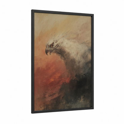 Majestic Eagle Chimera framed art print — black wood frame — orange and brown palette