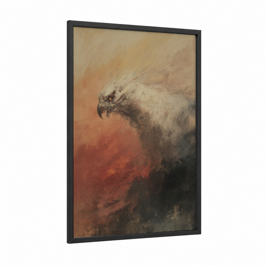 Majestic Eagle Chimera framed art print — black wood frame — orange and brown palette