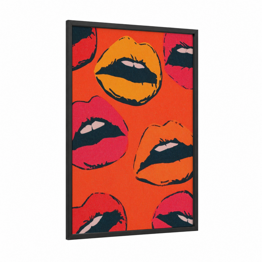 Pop Art Lips framed art print — black wood frame — red and orange palette