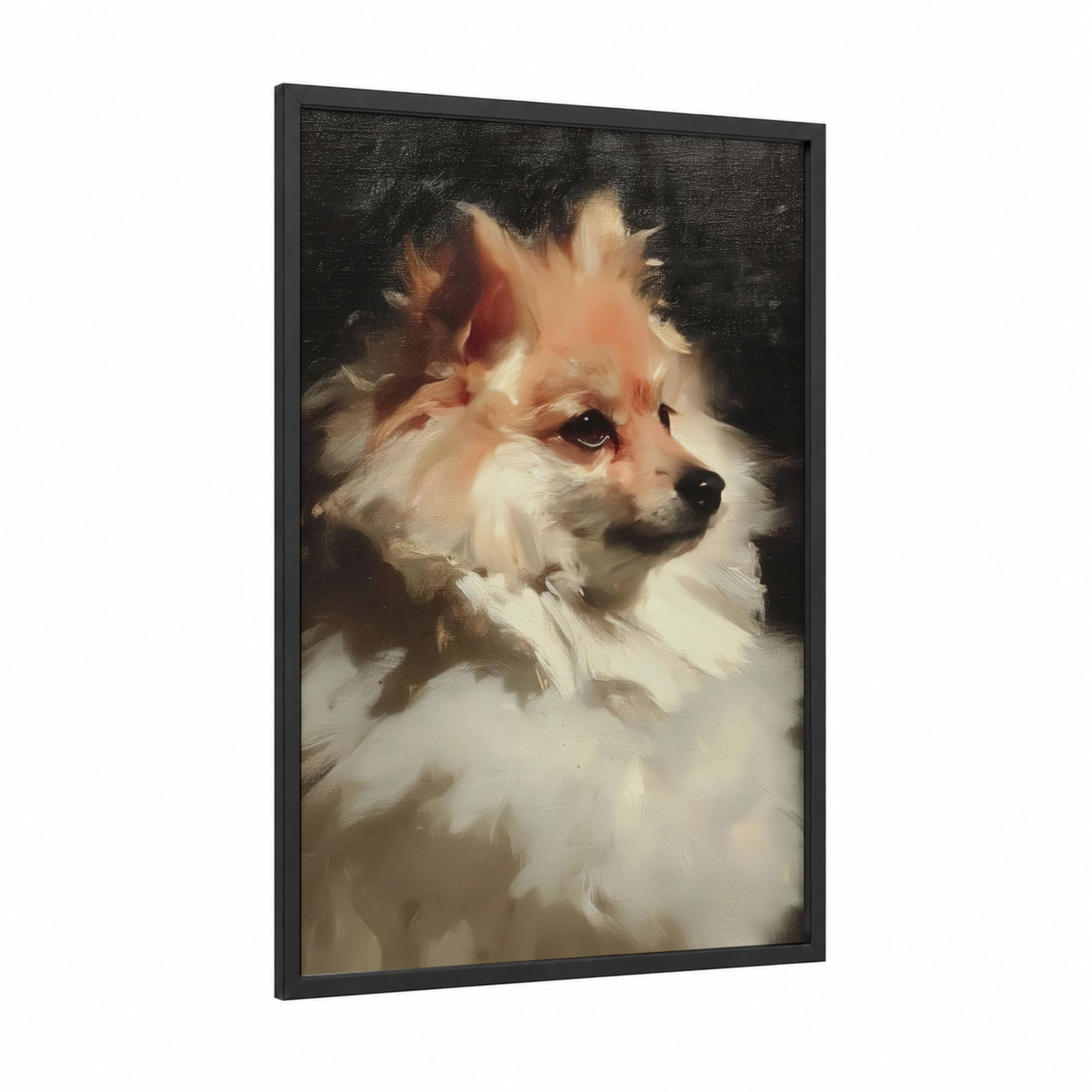 Cream Spitz Portrait framed art print — black wood frame — cream and black and white palette
