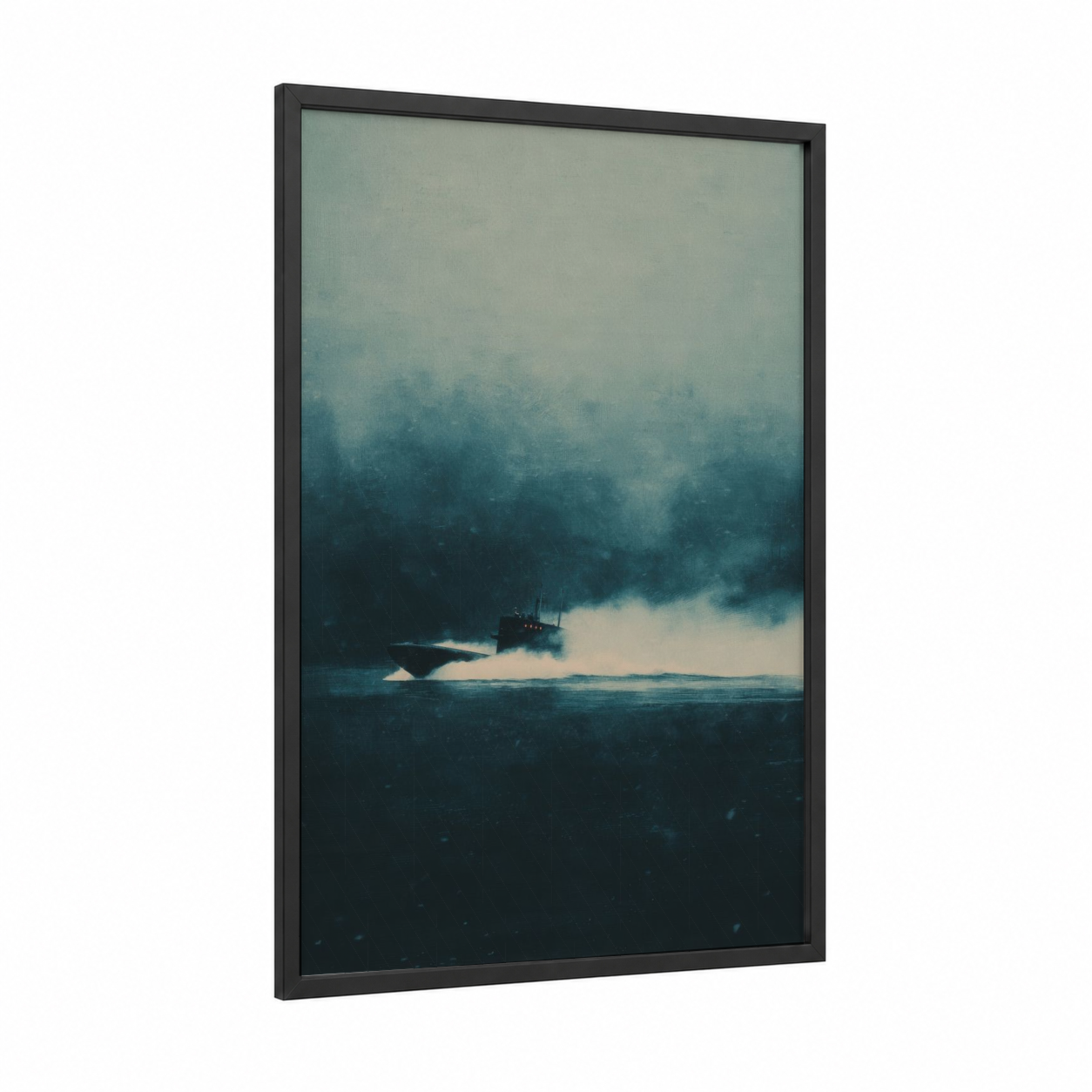 Misty Submarine framed art print — black wood frame — dark blue and gray palette