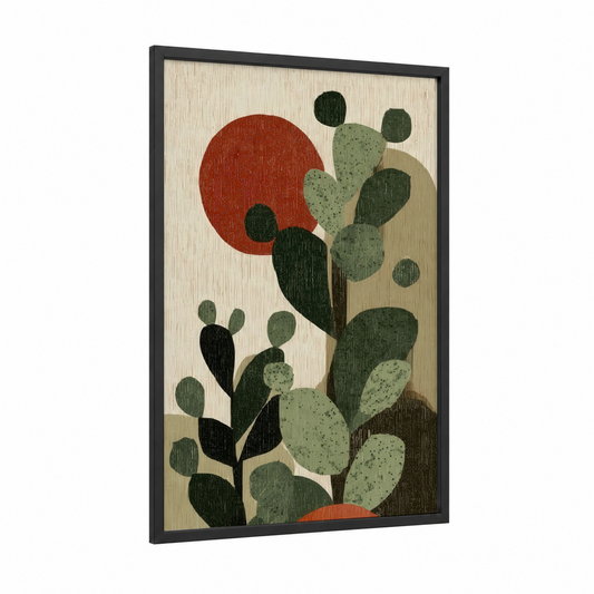Desert Cactus Garden framed art print — black wood frame — sage green and russet palette