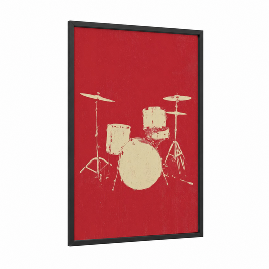Vintage Drum Kit framed drums print — black wood frame — red and cream palette