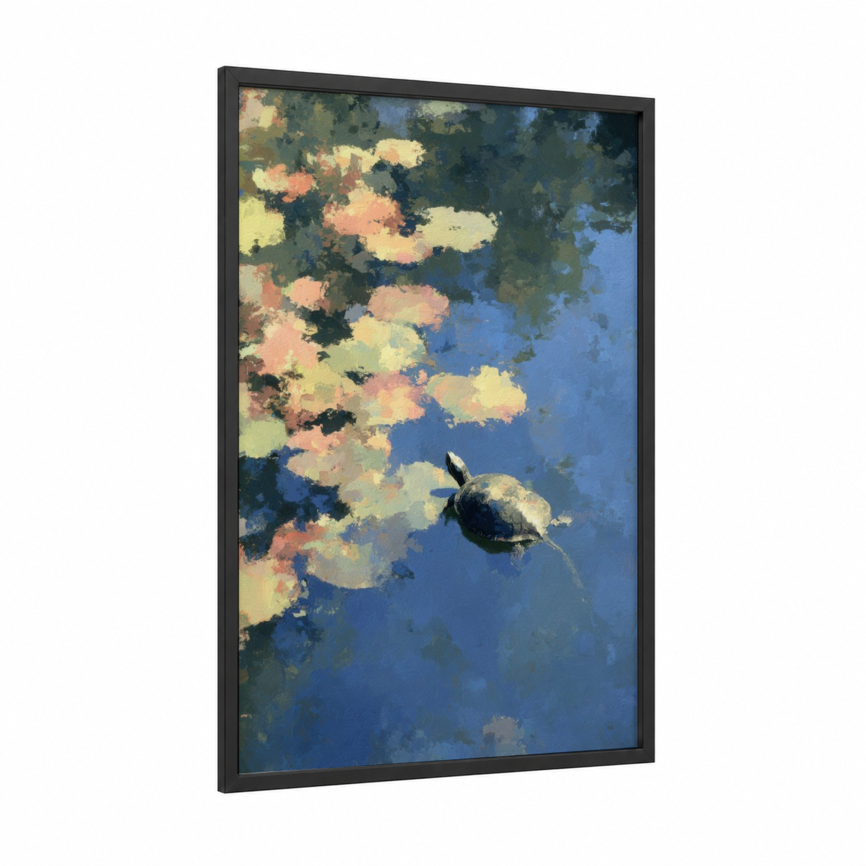 Peaceful Water Turtle framed art print — black wood frame — blue and cream palette