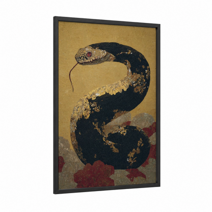 Golden Viper framed art print — black wood frame — gold and black and gold palette
