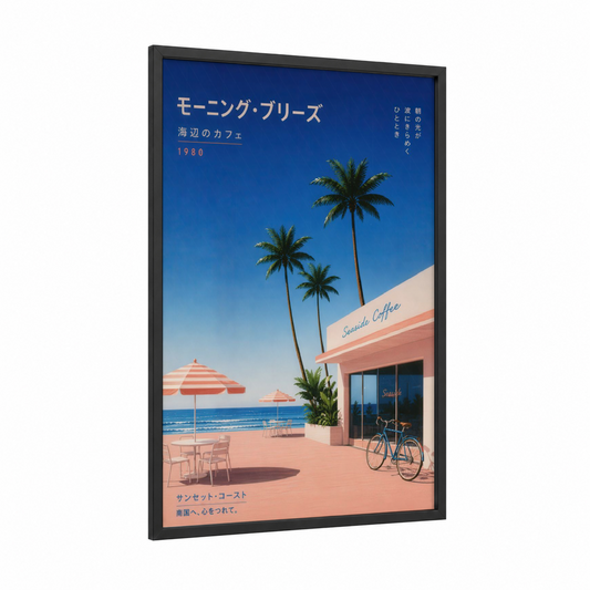 Retro Beach Cafe Palm Trees Wall Art framed beach town print — black wood frame — peach and blue palette