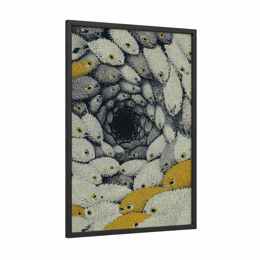Golden Puffer Fish framed art print — black wood frame — gold and black and white palette