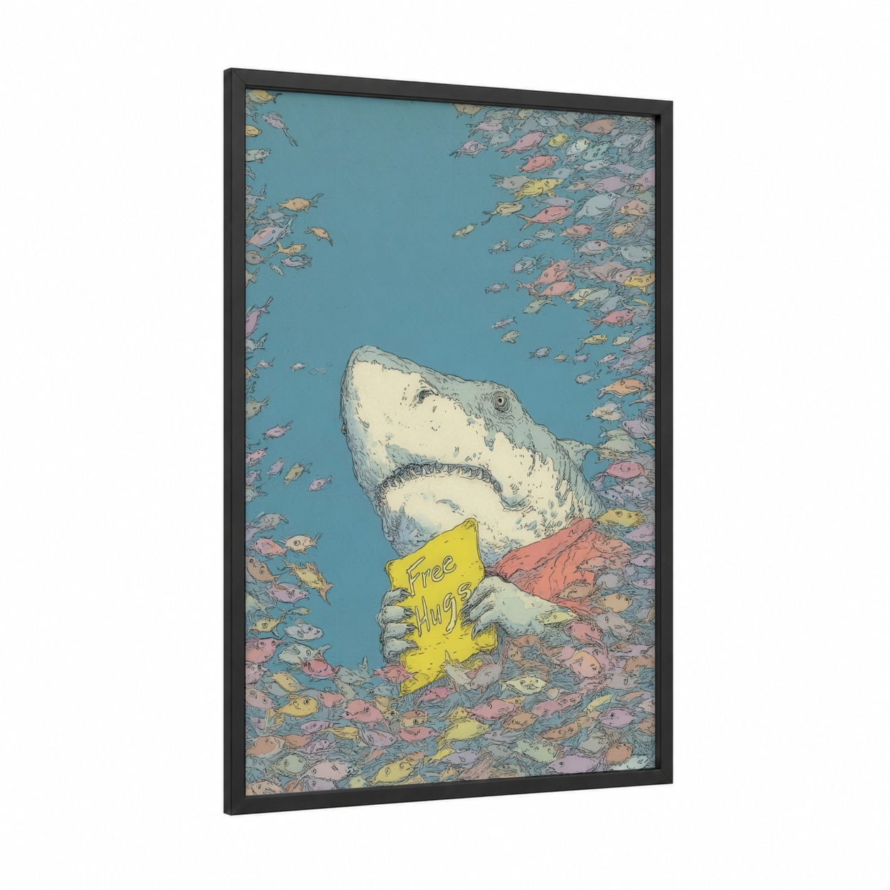 Hugging Shark framed sand tiger shark print — black wood frame — blue and yellow gold palette