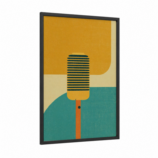 Vintage Microphone framed art print — black wood frame — yellow gold and teal palette