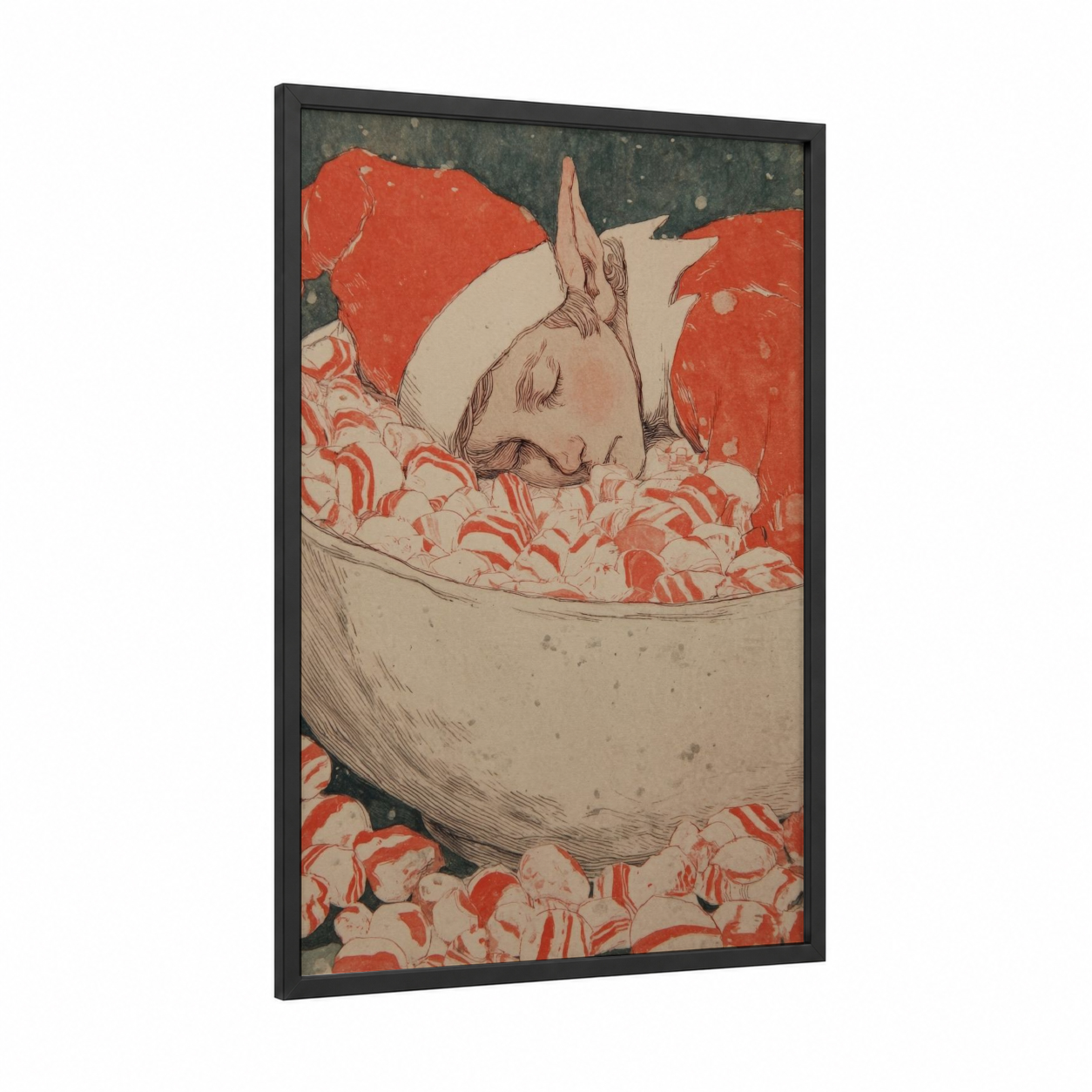 Sleeping Reindeer framed christmas print — black wood frame — red and cream palette