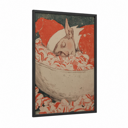 Sleeping Reindeer framed christmas print — black wood frame — red and cream palette