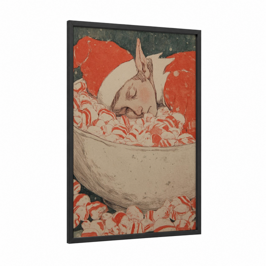 Sleeping Reindeer framed christmas print — black wood frame — red and cream palette