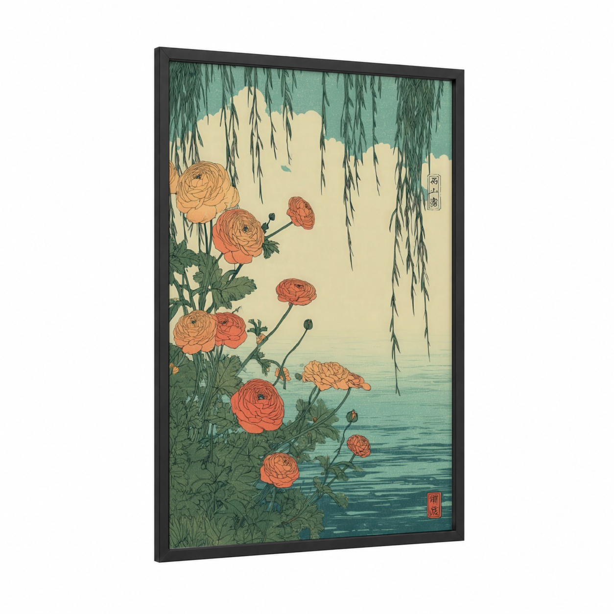 Willow Ranunculus framed art print — black wood frame — teal and peach palette