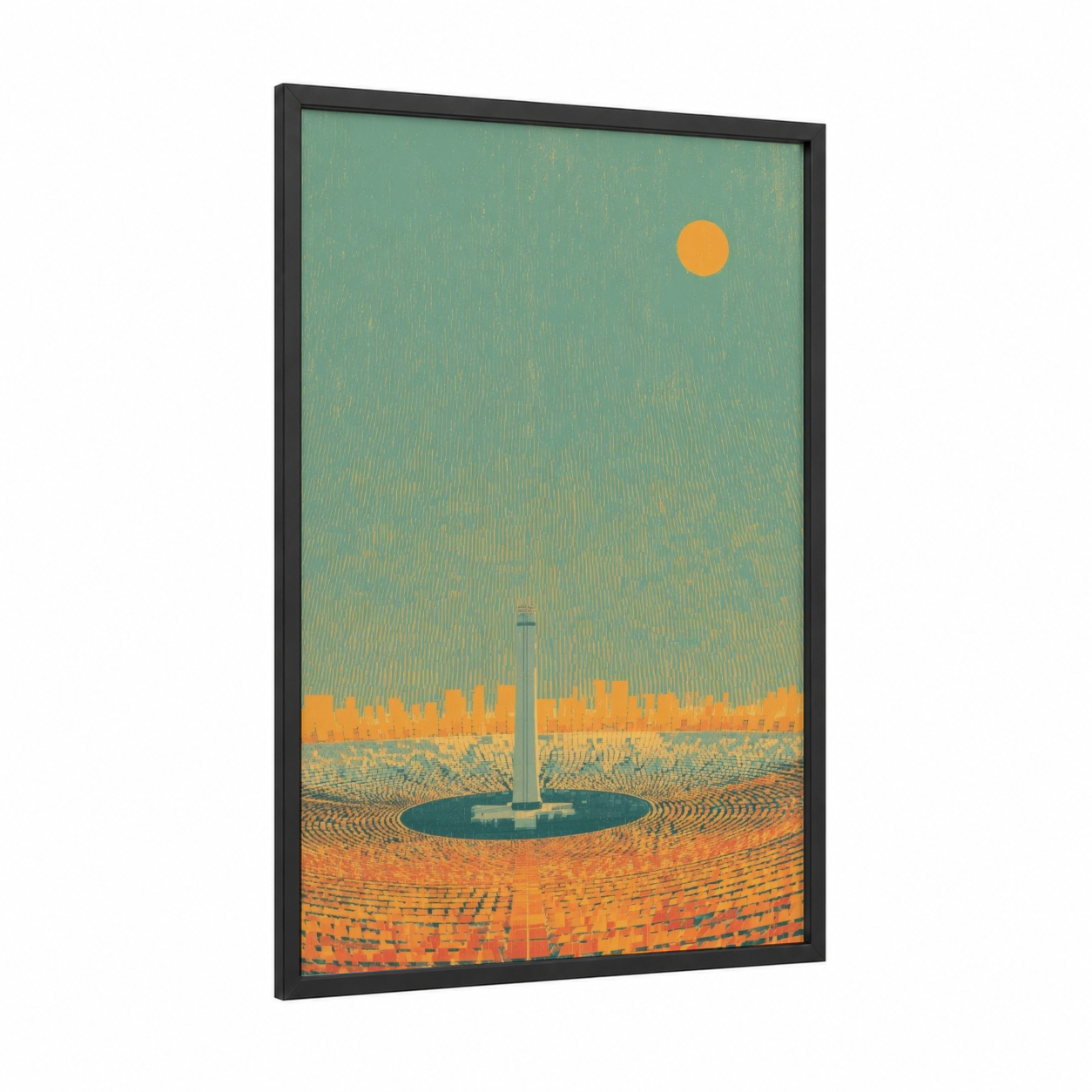 Golden Power Plant framed art print — black wood frame — pumpkin and light green palette