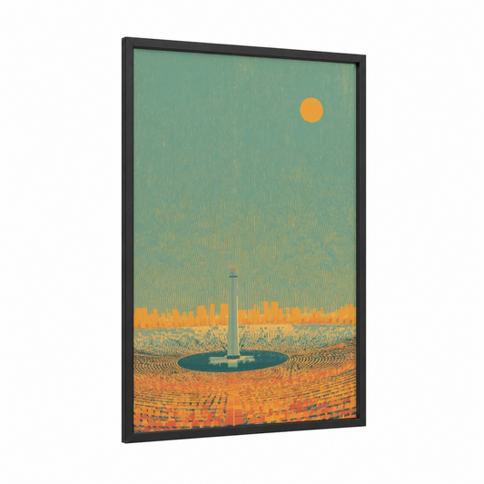 Golden Power Plant framed art print — black wood frame — pumpkin and light green palette