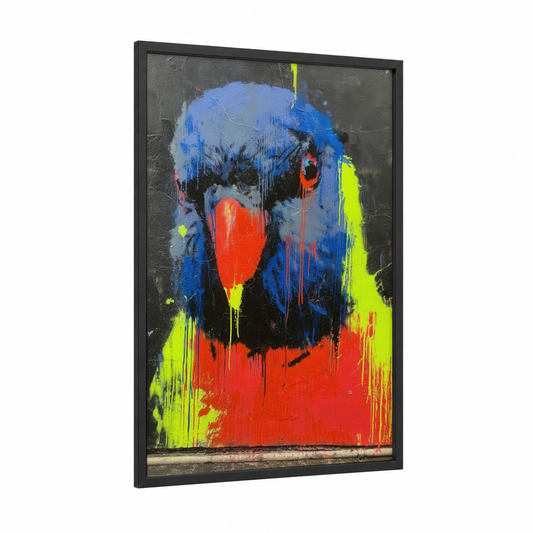 Neon Parrot framed safari parrots print — black wood frame — blue and red palette