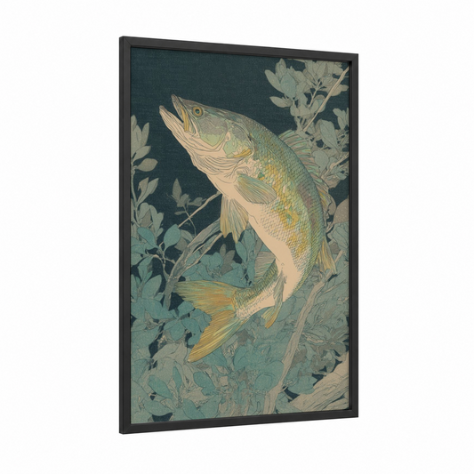 Golden Snook framed art print — black wood frame — sage green and gold palette