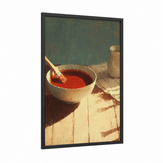 Crimson Condiment Study framed condiments print — black wood frame — red and brown palette