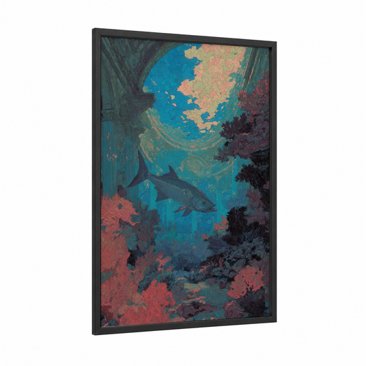 Coral Tarpon framed art print — black wood frame — blue and salmon pink palette