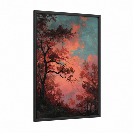 Crimson Oak Forest framed art print — black wood frame — red and teal palette