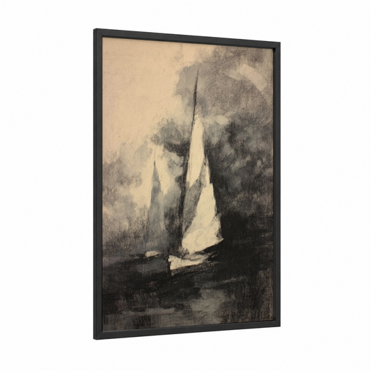 Misty Sailing Ship framed art print — black wood frame — black and white and nobel palette
