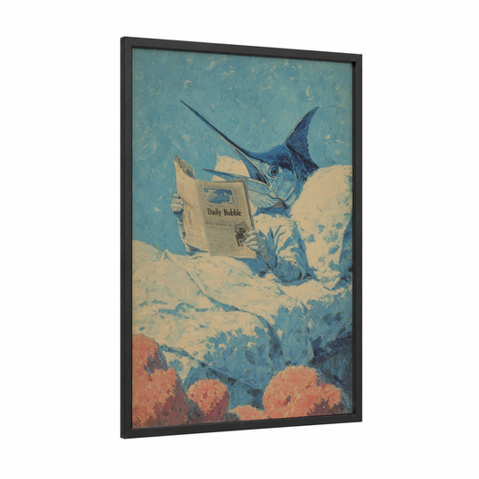 Reading Marlin framed blue marlin print — black wood frame — blue and cream palette