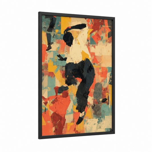 Energetic Swing Dancer framed art print — black wood frame — orange and teal palette