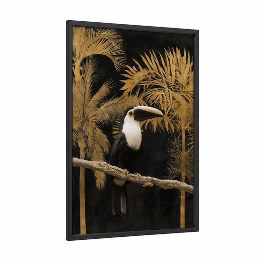 Tropical Toucan framed art print — black wood frame — gold and black and white palette
