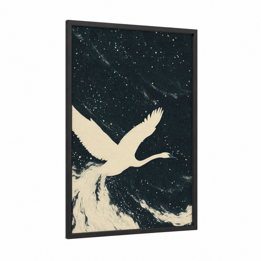 Celestial Swan framed space print — black wood frame — black and white and cream palette